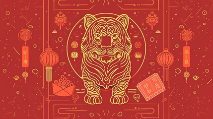 Poster - The Year of the Tiger elements. Outline illustration of the tiger, wealth decorations, and filled red envelope with wishes for good wealth and prosperity.