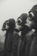 A group of people in gas masks. Selective focus.
