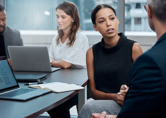 Poster - Diversity, businesswoman and meeting in office for collaboration, teamwork and brainstorming with laptop. Technology, corporate people and group in workplace for online, strategy and research