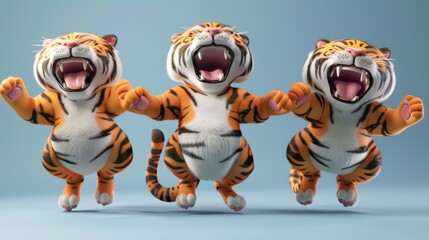 Sticker - A 3d rendering illustration showing three open-mouthed tigers standing and jumping