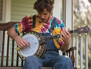 Canvas Print - A man in a tie dye shirt is playing a banjo. He is sitting on a bench