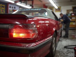 A man is working on a red car in a garage. The car has a black bumper and a white top