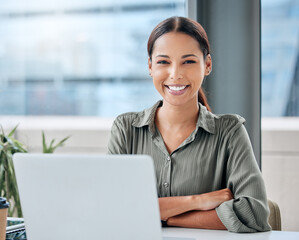Aufkleber - Pride, portrait and businesswoman with laptop at office desk, table and startup company with confidence. Creative career, copywriting and female editor with computer for connection, tech and smile