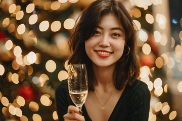 Young Asian Woman Cheers with Champagne at Festive Holiday Party