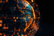 Digital world globe centered on America, concept of global network and connectivity on Earth, data transfer and cyber technology, information exchange and international telecommunication