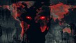 A political world map with redacted borders for attacked nations, a shadowy figure with glowing red eyes lurks in the darkness