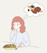 Young woman holding fork, thinking of healthy food groups. Hungry girl with eating vegetable salad and craving to protein and carbohydrate foods. Hand drawn flat cartoon character vector illustration.
