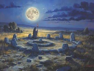 Wall Mural - A painting of a man standing in a circle of stones with a full moon in the background. The mood of the painting is mysterious and serene