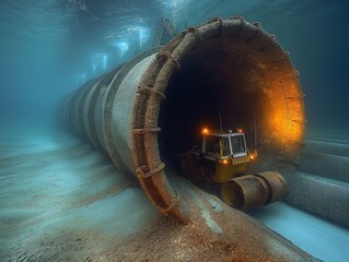 Wall Mural - A large, rusty pipe is filled with debris and a small yellow truck is driving through it. The scene is dark and eerie, with the tunnel being the only source of light