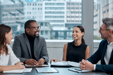 Poster - Corporate, meeting and business people with documents in boardroom for planning, teamwork or review. Diversity, collaboration and staff with proposal, idea or working on report for recruitment agency