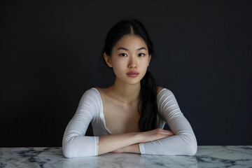 Portrait of a Young Asian Woman Sitting at an Empty Marble Table against a Black Wall Background