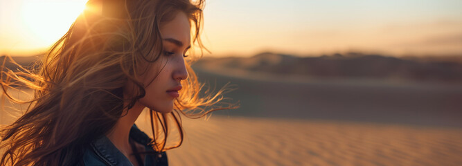 Wall Mural - Beauty model banner with close-up portrait of a beautiful woman and desert dune sand background with copy space