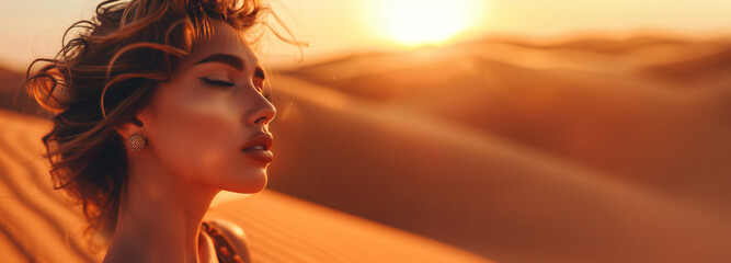 Wall Mural - Beauty model banner with close-up portrait of a beautiful woman and desert dune sand background with copy space