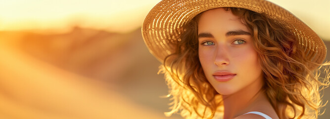 Wall Mural - Beauty model banner with close-up portrait of a beautiful woman and desert dune sand background with copy space