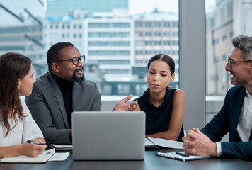 Poster - Meeting, professional and business people with laptop in boardroom for planning, teamwork or review. Diversity, collaboration and staff with proposal, idea or working on report for recruitment agency