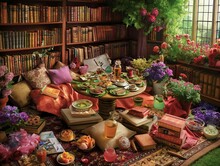 A Room With A Table Full Of Food And Books. The Table Is Surrounded By Pillows And A Vase Of Flowers