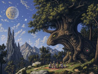 Wall Mural - A group of people are sitting under a large tree in a forest. The sky is filled with stars and a large moon