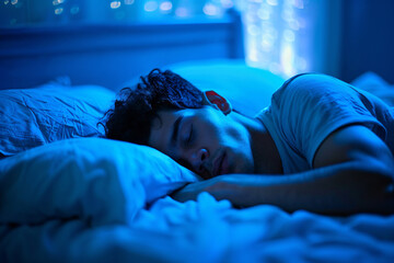 close up young latin man sleeping in bed at night. hispanic male sleep hygiene concept good night rest and wellness