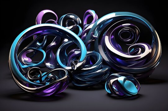 five spiral parts rendered in 3dsmax on black background, in the style of violet and azure, contemporary glass, graphic, stylized forms, modern jewelry, infinity nets, spray-paint based, playful ... S