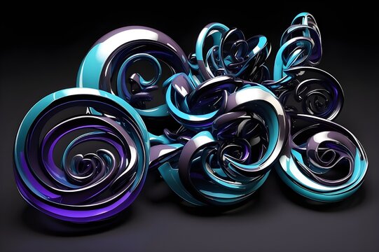 five spiral parts rendered in 3dsmax on black background, in the style of violet and azure, contemporary glass, graphic, stylized forms, modern jewelry, infinity nets, spray-paint based, playful ... S