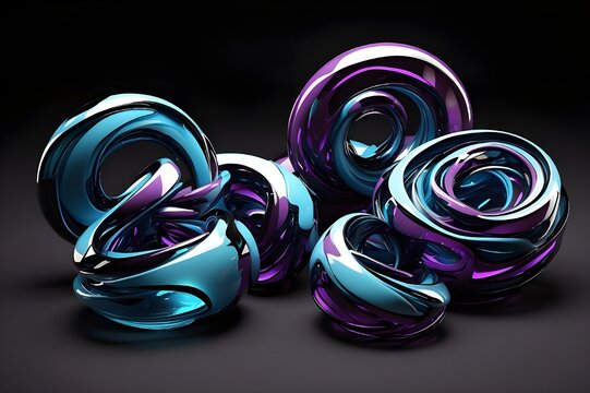 five spiral parts rendered in 3dsmax on black background, in the style of violet and azure, contemporary glass, graphic, stylized forms, modern jewelry, infinity nets, spray-paint based, playful ... S
