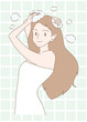 Beautiful woman washing hair with shampoo and hair care products in bathroom. Hand drawn flat cartoon character vector illustration.