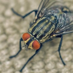 Wall Mural - Closeup photo of a alive housefly on carpet macro 35mm close up film still photography natural light