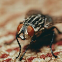 Wall Mural - Closeup photo of a alive housefly on carpet macro 35mm close up film still photography natural light