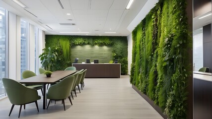 Green walls adorn a modern corporate office environment. sustainable and environmentally friendly setting. The company's dedication to eco-friendly workplace policies is reflected in the design of the