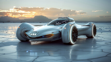 Poster - Body Design The vehicle will feature a futuristic and stylish body design. Combining shiny metallic surfaces, LED light accents. Generative AI.