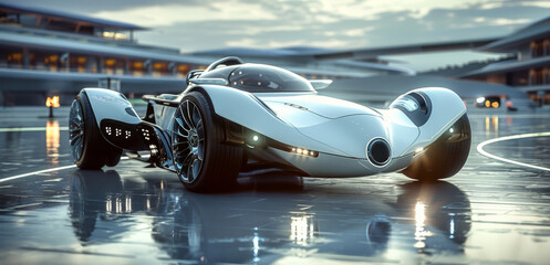 Poster - Body Design The vehicle will feature a futuristic and stylish body design. Combining shiny metallic surfaces, LED light accents. Generative AI.