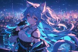 Fototapeta  - Anime catgirl wearing a black skirt and white top, with blue eyes and blonde hair, and glowing purple light effects around her against a city backgroun