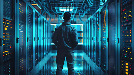 Poster - IT specialist man working at control room, server racks, cables, monitoring systems, dashboards, monitors with blue glowing edges. Generative AI.