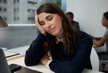 Aufkleber - Business, woman and tired with sleeping in office for burnout, fatigue and exhausted at work. Corporate, administration and female person with nap for mental health, overworked and report review