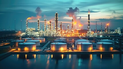 Poster - Oil and gas power plant refinery with storage tanks facility for oil production or petrochemical factory infrastructure and oil demand price chart concepts. Generative AI.