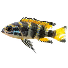Wall Mural - Side view of a kribensis cichlid swimming isolated on a white transparent background