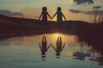 Canvas Print - children levitating over a lake