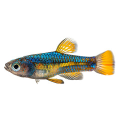 Poster - Side view of a turquoise killifish swimming isolated on a white transparent background