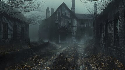 Sticker - Halloween concept of haunted village dark and foggy scary atmosphere. Generative AI.