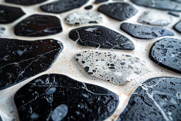 Poster - A detailed macro shot of wet black stone tiles with distinctive patterns and water droplets
