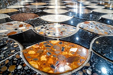Poster - An artistic perspective of terrazzo flooring combining multiple colors and reflecting light patterns