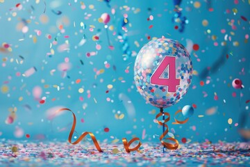 balloon in a shape of number four on blue background for birthday celebration