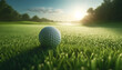 a golf ball on a lush green grass under a clear sky