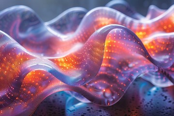 Poster - Mesmerizing digital art of a seamless wave pattern with red sparkling highlights on a deep blue background