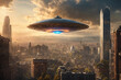 Alien flying saucer over big evening city. UFO kidnapping. Alien abduction concept. Painted picture. Generative AI.