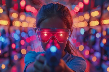 Poster - A person aiming with focus, face blurred, against vibrant, colorful bokeh light background