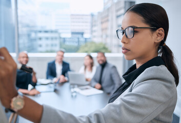 Poster - Business people, woman and presentation with financial advisor, thinking and corporate professional. Group, staff and employee with ideas, cooperation and teamwork with training for ethics and policy