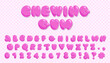 Pink Chewing gum font. Girly sweet latin alphabet, kidcore letters and numbers, cartoon funny chubby abc, childish plump lollipop capitals. Trendy typeface vector cartoon isolated set