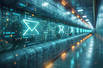 Poster - A neon lit futuristic corridor with glowing blue envelopes symbolizing high-speed digital communication