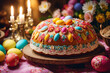 Easter cake in plate on decorated table with colorful holiday eggs, natural flowers and burning wax candles.